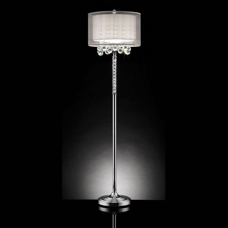 62.5" Tall Floor Lamp "Moiselle", Silver And Crystal Accents, Silvery Shade