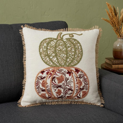 Coussin 18 "en coton vert ivoire et rouge avec appliques, bords de broderie
