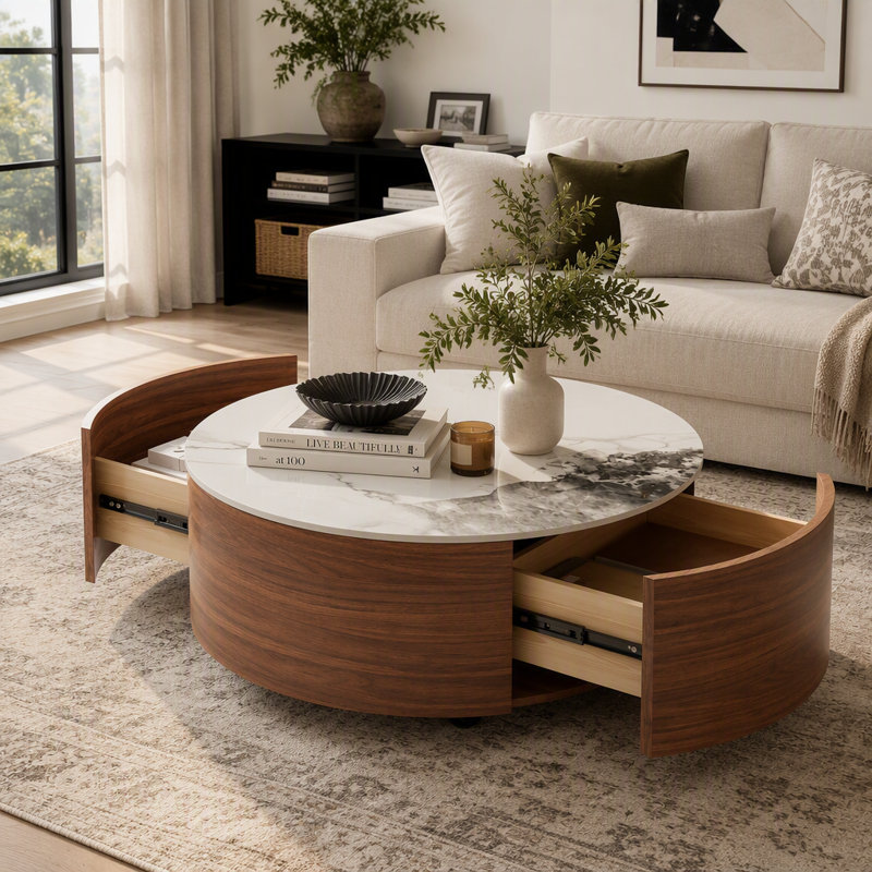 Table basse ronde mobile avec plateau en pierre frittée marbrée et 2 tiroirs en noyer, Noir / Noyer