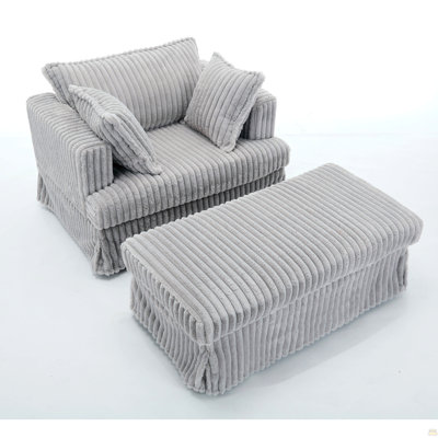47.7'' Oversized Corduroy Chaise Longue With Ottoman, Deep Seat Reclining Chair Sofa, Comfy Thicked Upholstered Pad Chair ,With Foot Stool ,Oversize, Movable Ottoman,Light Gray