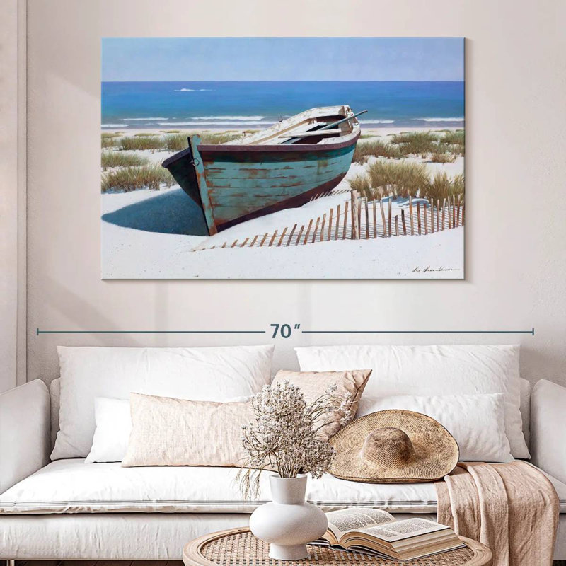 Mehar, bateau bleu sur la plage, H 34 po x l 51 po