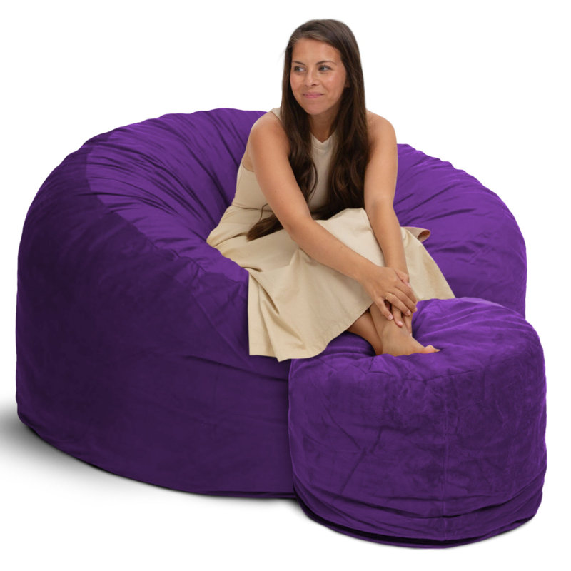 5ft Bean Bag Chair and Footstool, Oversized Lounger, Suede, 28" H x 48" W x 48" D, Purple Suede