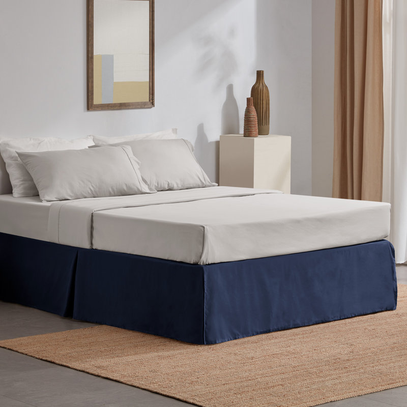 Navy Blue Queen Size Polyester Pleated Bed Skirt with 15-inch Drop