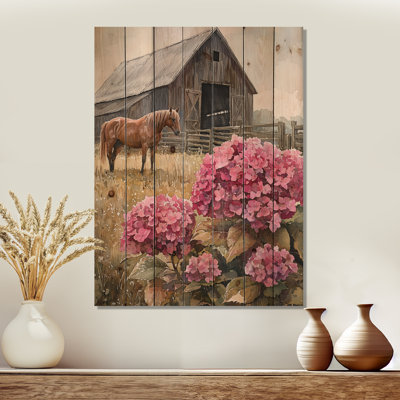 Hydrangeas And Horses In The Stable yard - Hydrangea Wood Wall Art - On Natural Pine Wood