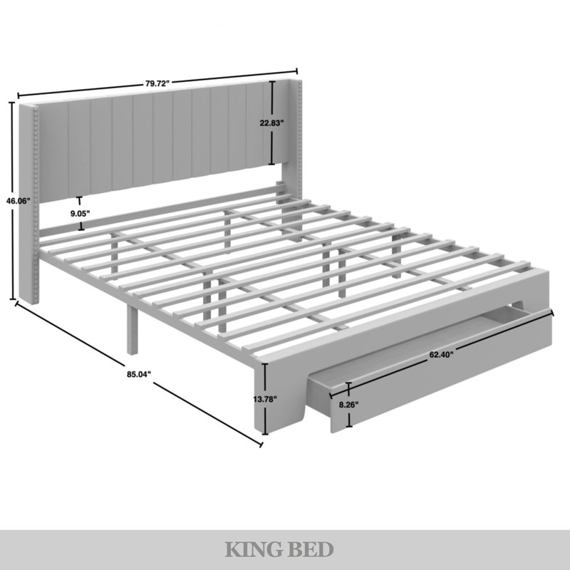 Georgia-Lee Upholstered Wingback Storage Bed, King, Light Gray