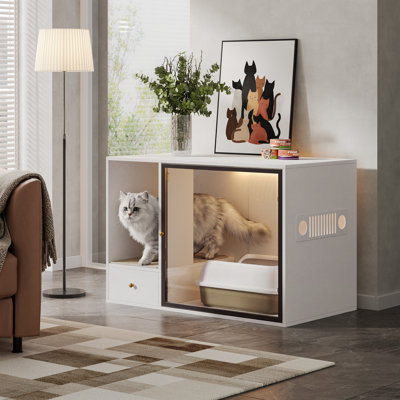 Enceinte de litière pour chat blanche 37 po, meuble de litière d'intérieur caché avec porte en verre et table de bout moderne en bois pour salle de bain