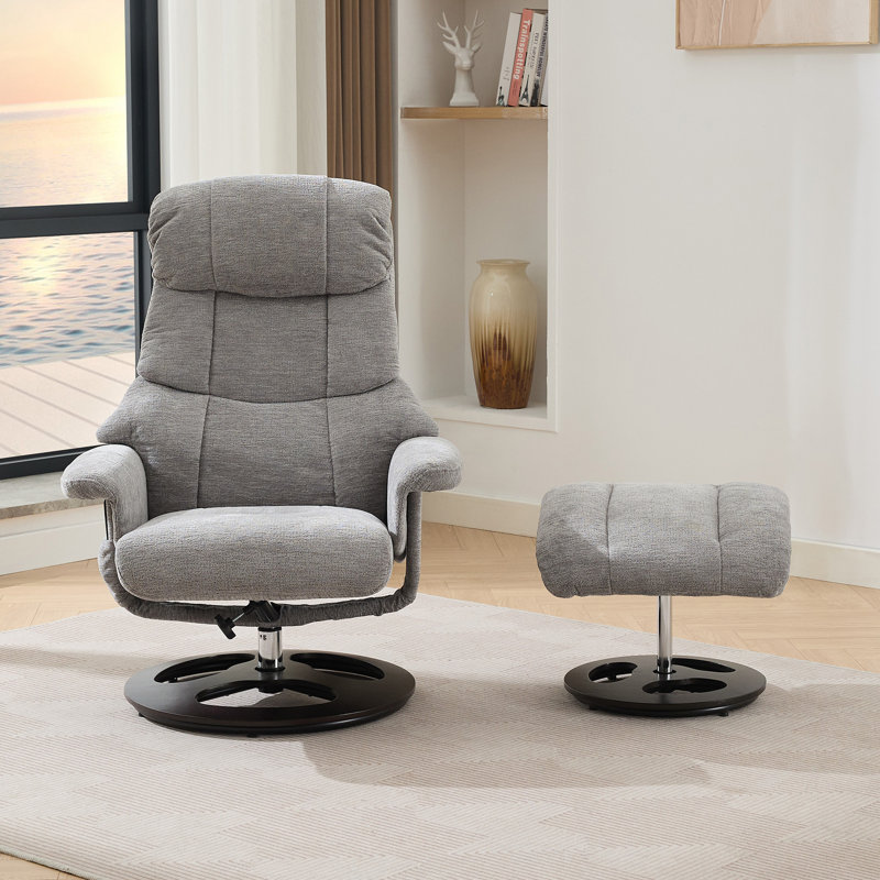 Ergonomic Recliner Chair with Ottoman, Modern 360° Swivel Lounge Chair with Footstool, Chenille Fabric, 5 Point Vibration Massage