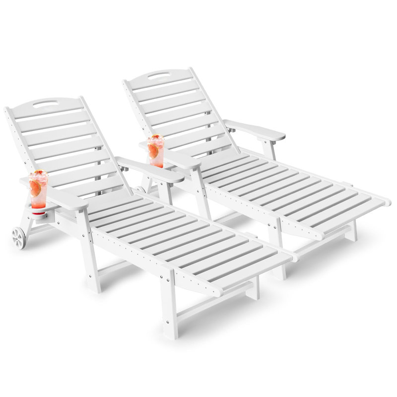 Lounge Chair Ourdoor With 6-Position Adjustable Back, HDPE Patio Chaise With Wheels And Cup Holder, White, 2 Pack, White