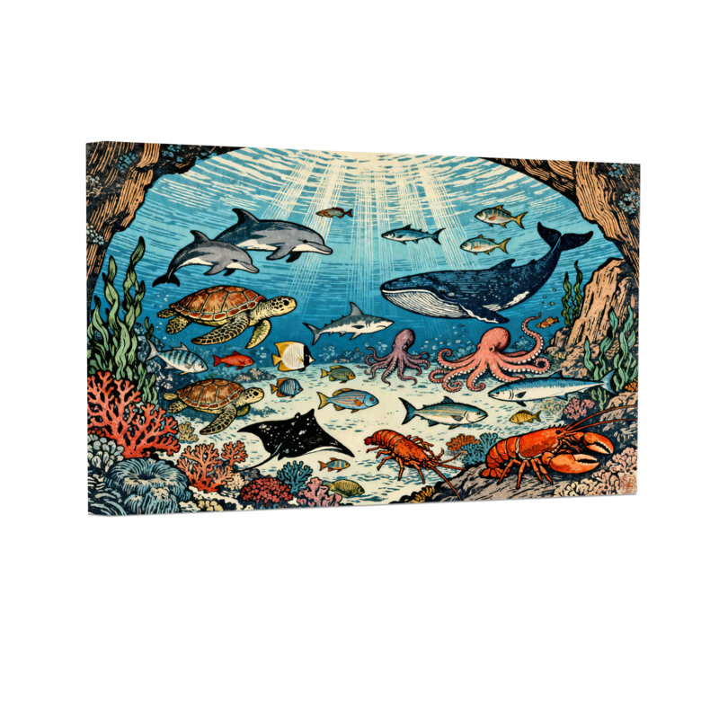 Animals Underwater Scene With Marine Life And Coral, 24" H x 36" W