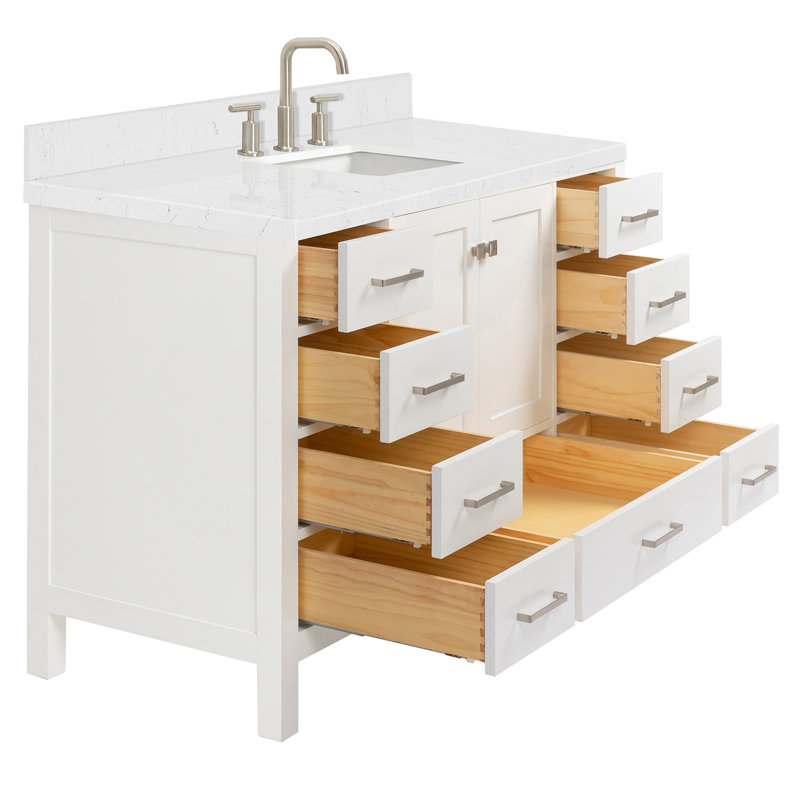 Cambridge 54.25'' Single Bathroom Vanity with Carrara Quartz Top, White/Brushed Nickel, Rectangular