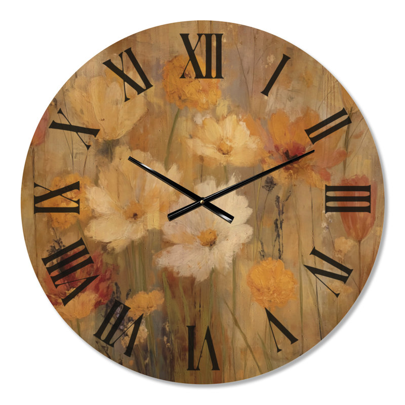 Horloge murale botanique en bois - champs de fleurs sauvages d'automne, Médium