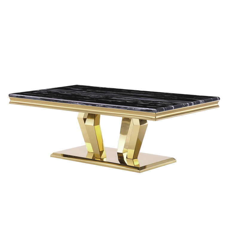 Liticia Coffee Table with Four Gold Geometric Mirror Bases and 48" Black Top