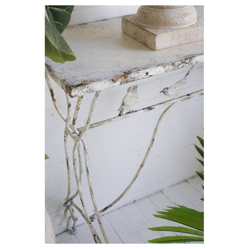 Console Whimsical Bird Perch avec structure en fer blanc antique vieilli