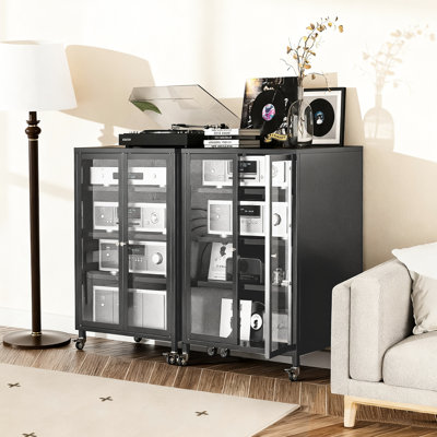 35.8" High Media Cabinet With 4 Adjustable Shelves, - Proof Tempered Glass, Heavy Duty Steel Frame And Wheels For Tv Gaming Tall Entertainment Storage Glass Frame, Cable Management Setup