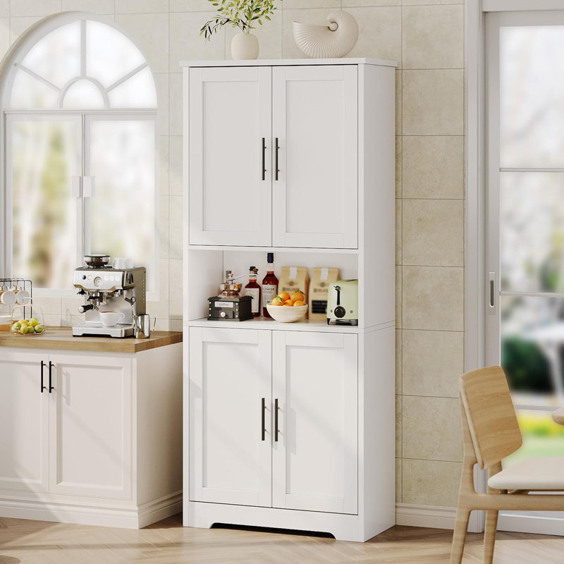 70 in Tall Kitchen Pantry Cabinet, Freestanding Storage Cabinet with 4 Doors and Adjustable Shelves, White