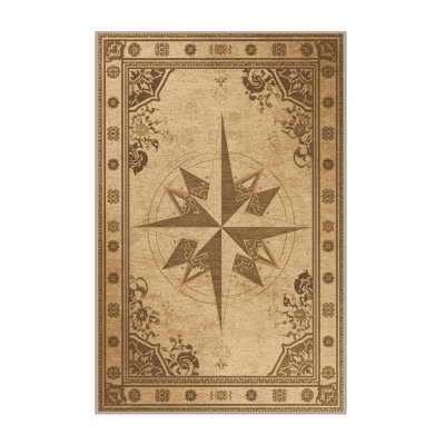 Machine Washable Parnika Compass Rose Knowledge Classic Oriental Rug in Beige – Beige Binding