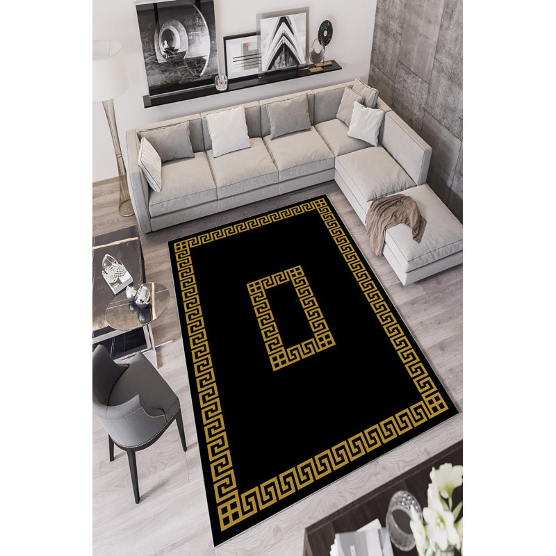 Stylish Area Rug (5.2 x 7.5 ft), Black, 100% Polyester | 650 g/m², 0.2 in Pile Height, Antibacterial & Eco-Friendly, Non-Slip PVC Dot Underside | Machine Washable, Perfect for Living Room & Bedroom Decor