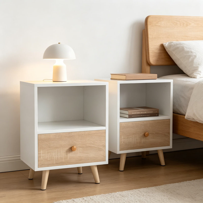 Ensemble de 2 tables de chevet, table de chevet avec tiroir et tablette de rangement ouverte, tables de chevet avec pieds en bois massif, table de bout pour la chambre à coucher, blanc