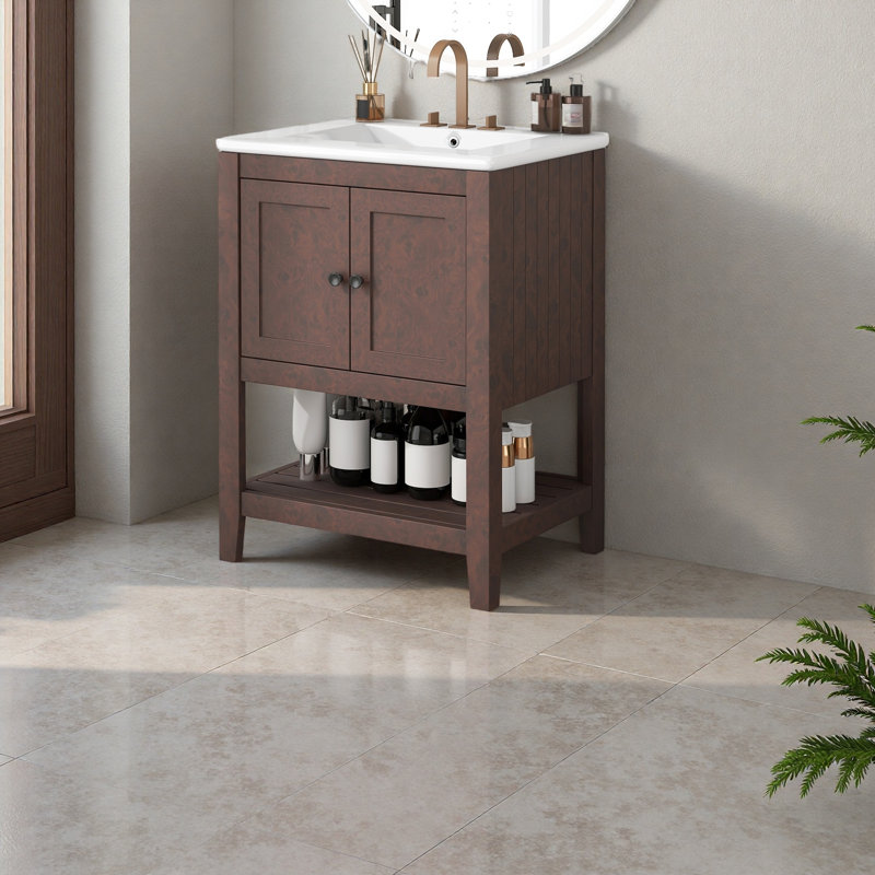 Lavabo de salle de bain moderne élégant en céramique 24 po avec tablette ouverte en bois massif, Noir, Brun