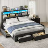  Bed Frame With Hidden Storage Headboard & Drawers, Upholstered Full Platform Bed With Led Lights, Type-C Charging Station, No Box Spring Needed, Solid Wood Slats