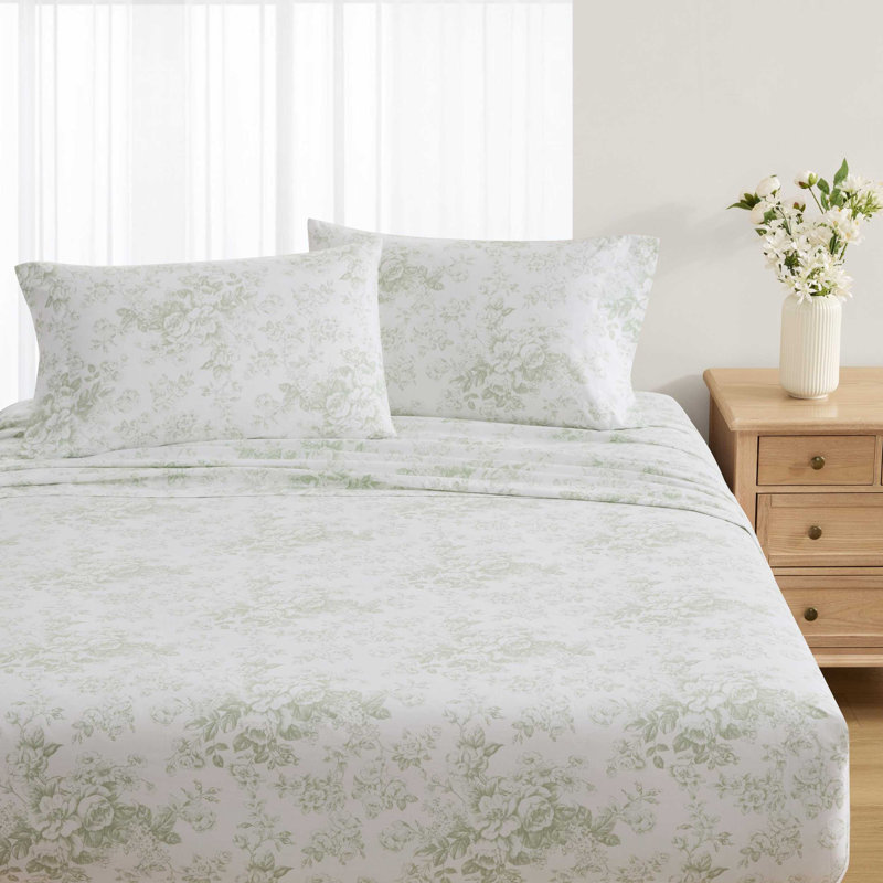 Laura Ashley Printed Cotton Percale Pillowcase Set, Standard Pillowcase Set, Toile Delight Green