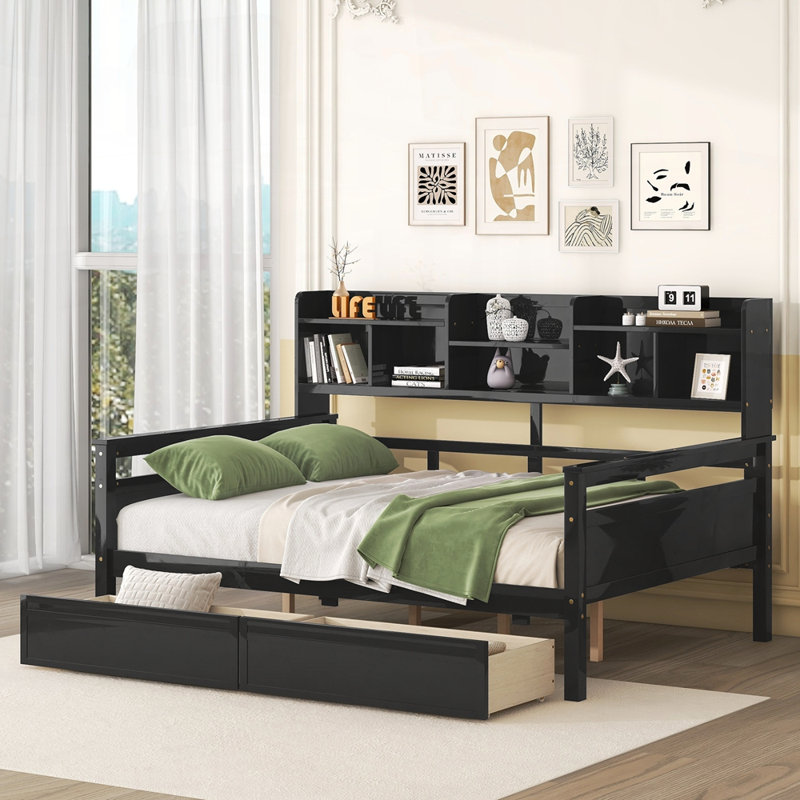 Lit de jour polyvalent avec tablettes et tiroirs pour une fonctionnalité accrue, Complet/Double, Espresso