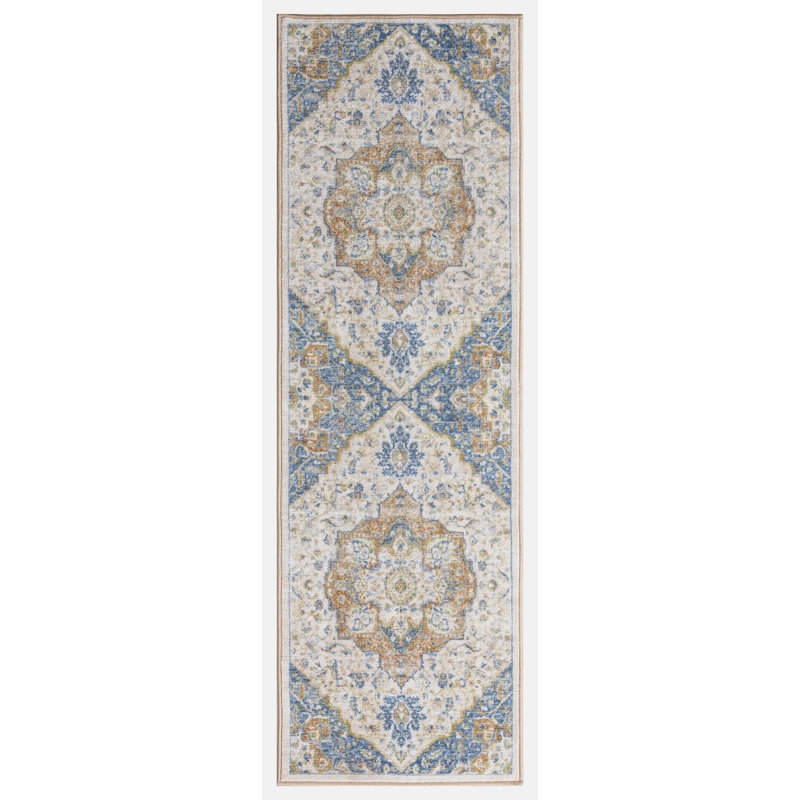 Lyanne Washable Non-Slip Medallion Blue Area Rug, Runner 2'2" x 7'