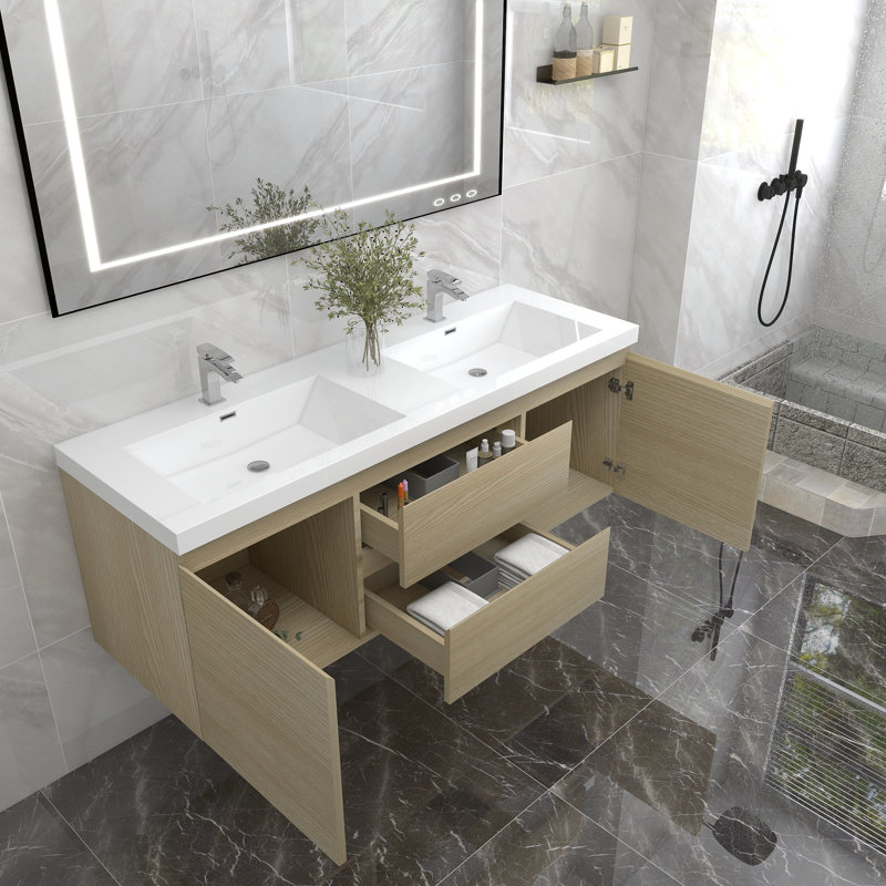 Auvillar 60'' Double Bathroom Vanity with Acrylic Top, White Oak