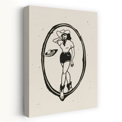 Pinup Cowgirl And Ufo Retro Vintage Abstract Wall Art Print 1 Piece Wrapped Canvas Wall Art