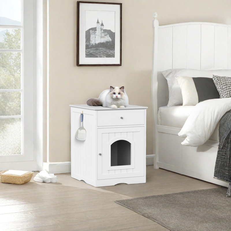 Tenafly Cat Litter Box Enclosure With Drawer, Side Table, Indoor Pet Crate, Cat Home Nightstand,Apartment,Small Room, White