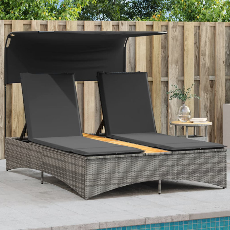 Double chaise longue avec auvent et rotin en polyester, Gris, Gris foncé