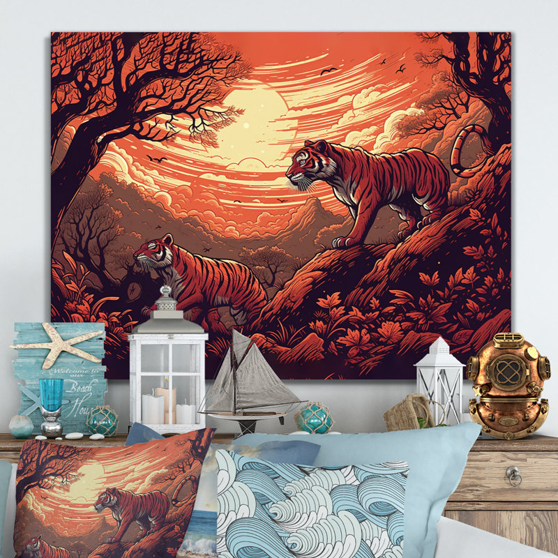 Orange et noir «Clash of Tigers II» sur toile, H 16 po x l 32 po x P 1 po, Toile tendue