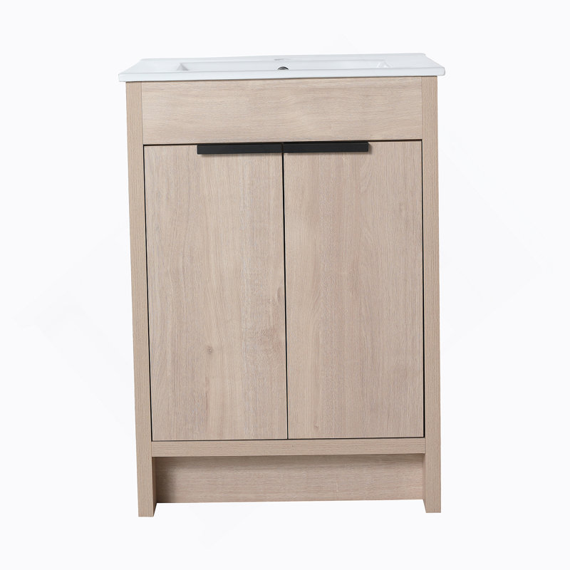 Meuble-lavabo autoportant avec lavabo en céramique et 2 portes d'armoire à fermeture en douceur