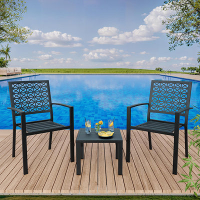 3-Piece Outdoor Bistro Set, Stackable Metal Patio Table and Chairs, Weather-Resistant Iron Bistro Furniture by Winston Porter