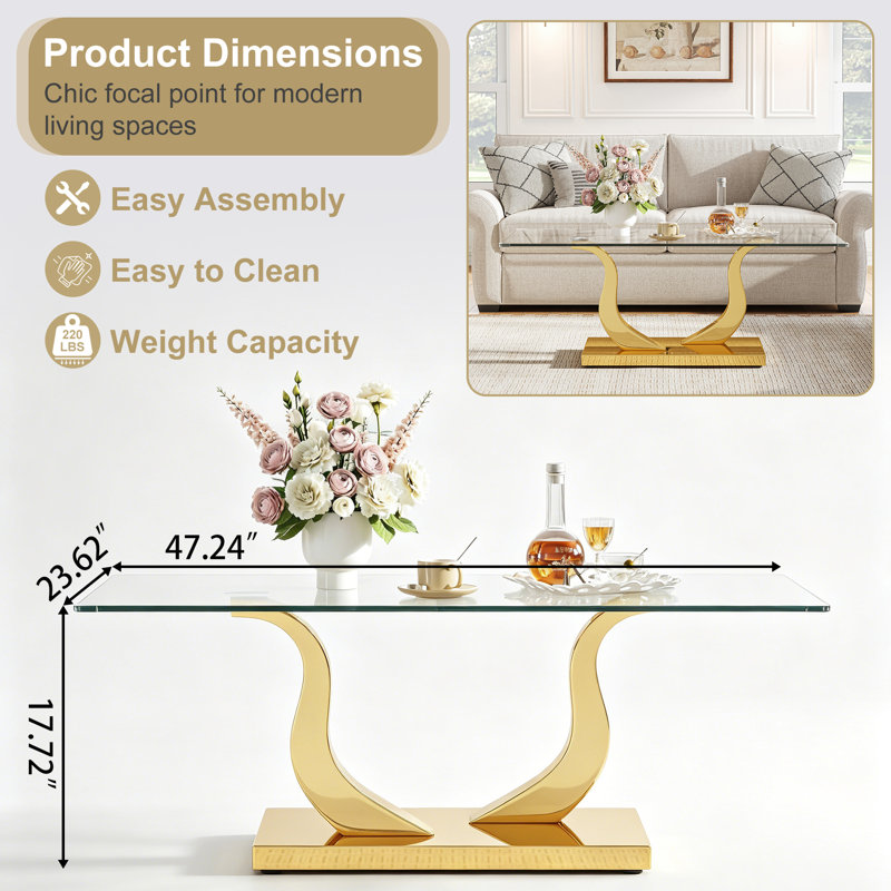 Table basse 47,24 po rectangulaire, plateau en verre trempé 0,39 po avec base en acier inoxydable double en forme de S, Doré