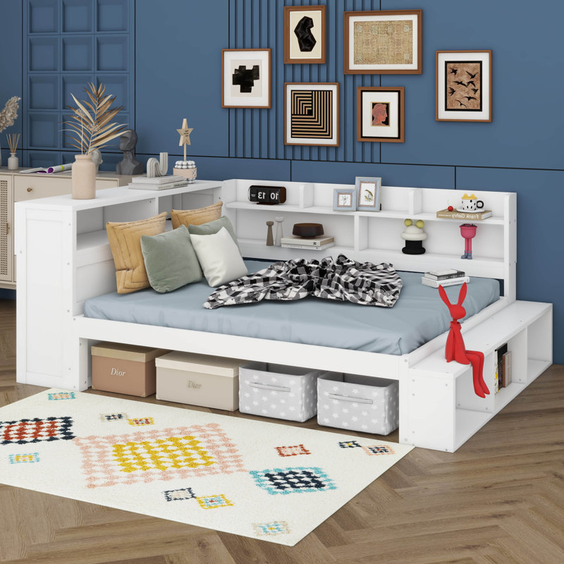 Lit de jour en bois avec armoires de rangement, armoire à chaussures et ports USB, Blanc