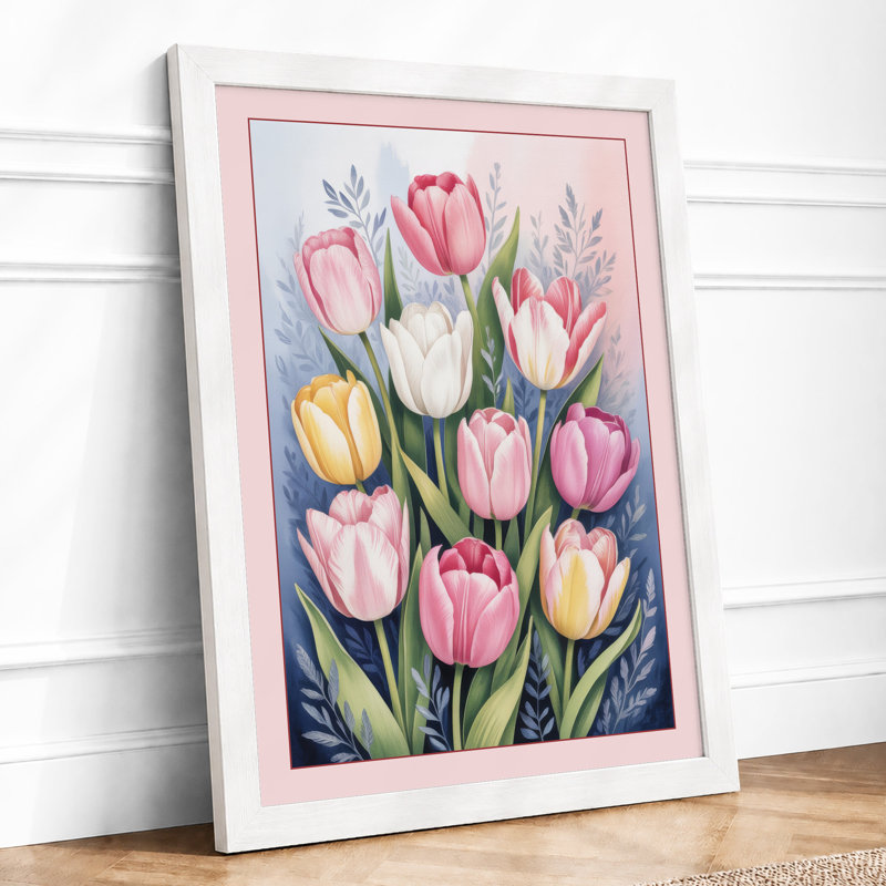 Tulips in Soft Bloom Botanical - Framed Print, A1 - 84.1 x 59.4 cm, White