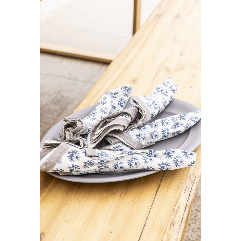 over&back Hand-Blocked Napkins, Set of 4, Blue Bloom