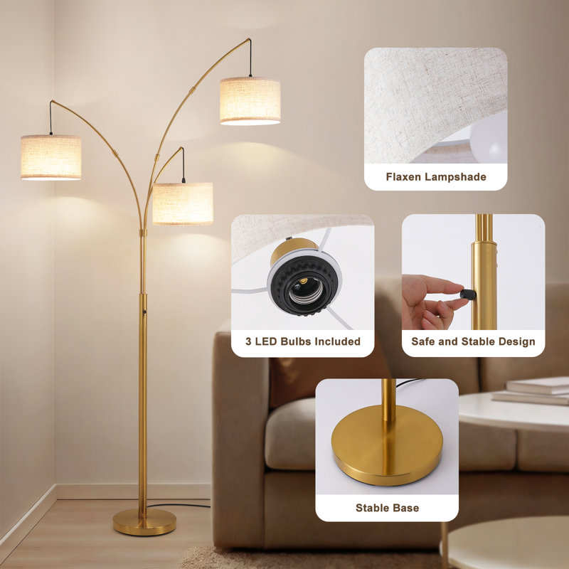 80" 3-light Dimmable 3-color Temperature, Arc Floor Lamps With Remote Control, Modern Tall Standing Lamp, Beige, Gold