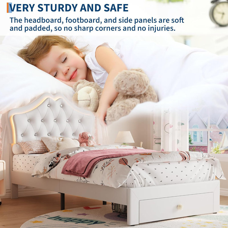 Bed Frame with LED Lights, Upholstered Platform Bed with Storage Drawer, Crystal Tufted Headboard for Kids, Teens, Noise-Free Slats & Easy Assembly