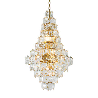 15-Light brass stainless steel chandelier with clear crystal accents