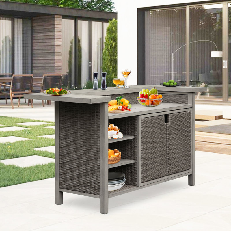 Outdoor Aluminum Grill Cart PE Wicker Bar Cart and Cabinet with Storage