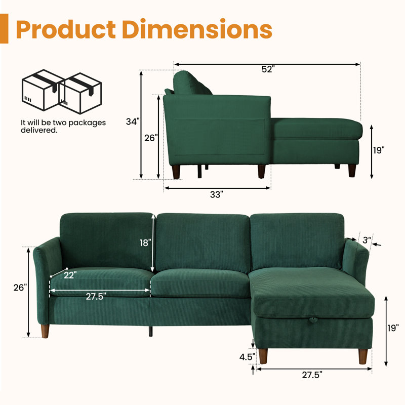 88.5'' W Corduroy Upholstered  L Shape Sofa With Chaise Lounge, Hidden Storage & Side Pockets, Solid Wood Legs And Anti-Slip Pads