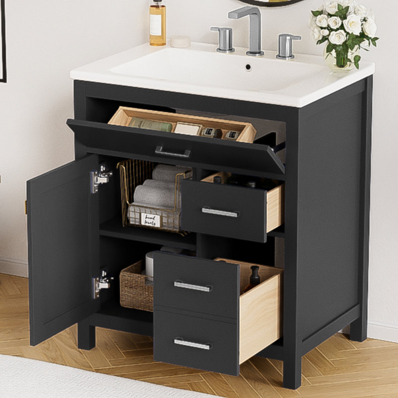 Meuble-lavabo noir de 30 po avec lavabo en céramique et beaucoup de rangement