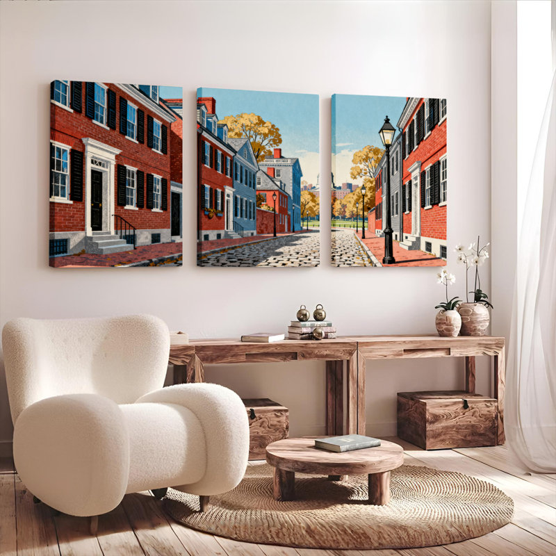 Ensemble de 3 tableaux muraux sur toile représentant une scène de rue historique, H 18 po x l 36 po