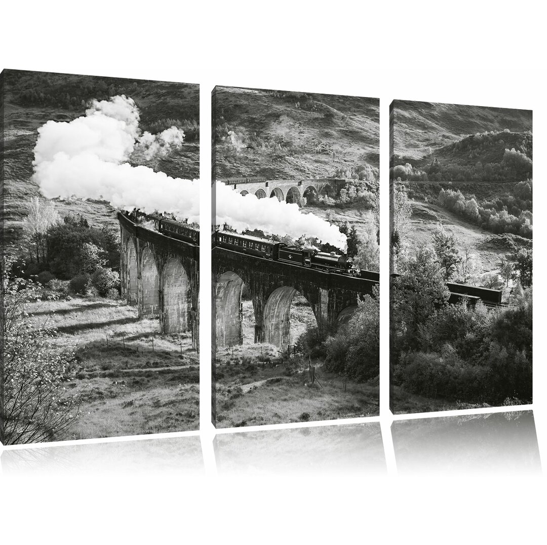 3-tlg. Leinwandbilder-Set Eine Dampflokomotive fährt über das Glenfinnan Viadukt, Fotodruck