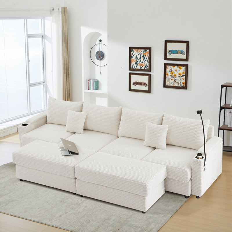 Canapé modulaire multifonctionnel avec repose-pieds, Velours côtelé beige, H 33,7 po x l 95,3 po x P 35,4 po