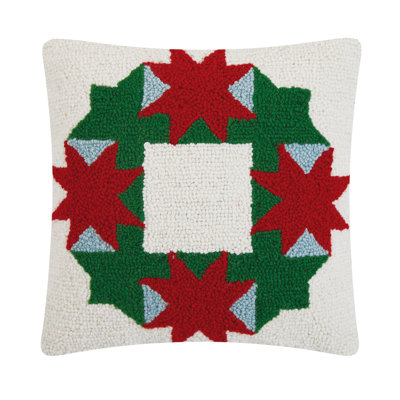 Christmas Patchwork Wreath Wool Hook Pillow - 14" Square