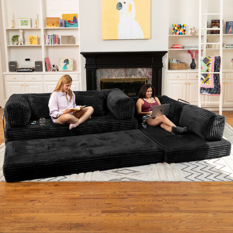 Unsofa Boneless Modular Convertible L-Shaped Sectional Sofa With Foldable Memory Foam King Sleeper Bed – Space Saving Configurable Couch With Mega Faux Fur, Midnight Blue