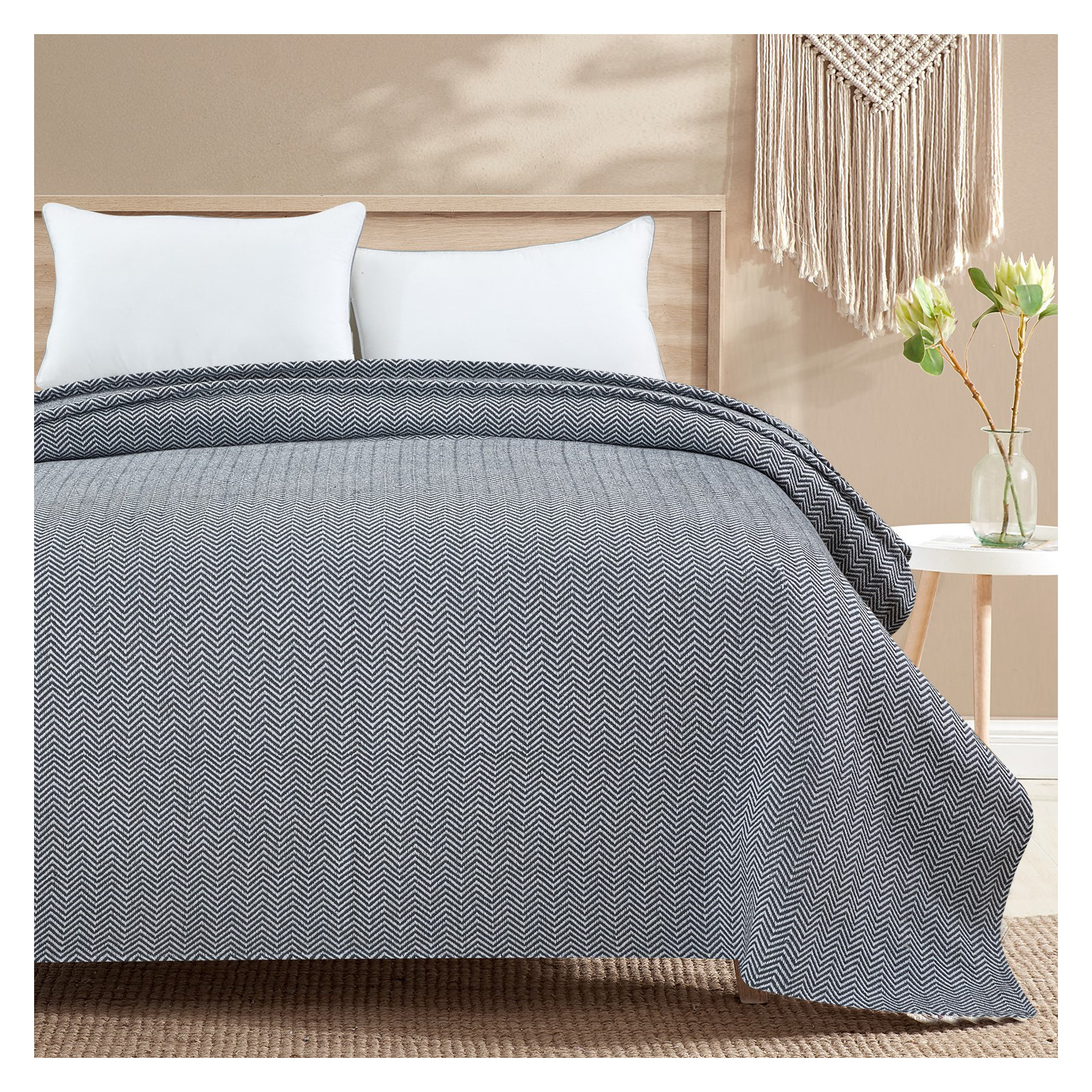 Basilia 100% Cotton Hand Woven Throw Blanket, Queen, Gray